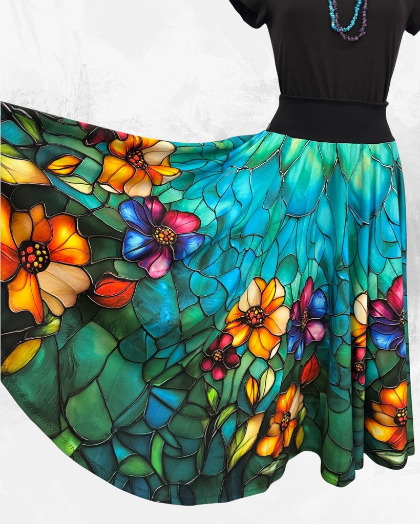 Dámská dlouhá kolová úpletová sukně, květy na zelené, vel L,XL